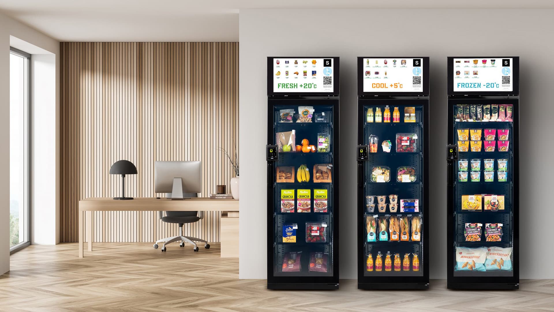 Moi Store smart cabinets in a workplace break room: fresh meals, snacks and drinks