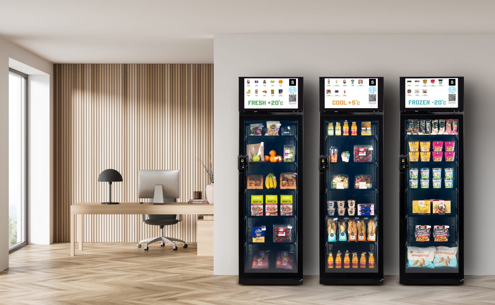 Three smart cabinets in an office: fresh, chilled and frozen, each in its own cabinet