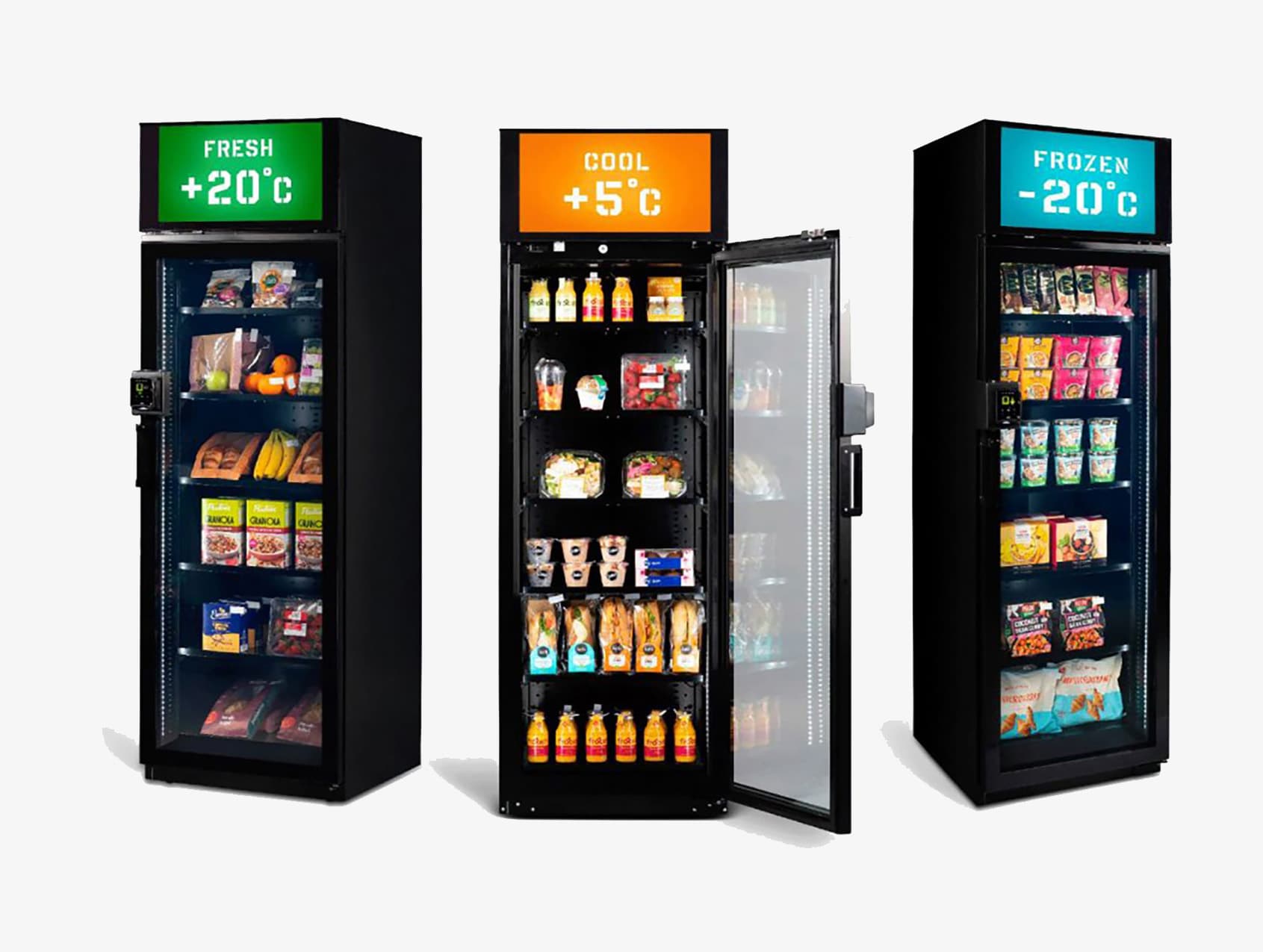 Three smart cabinets at different temperatures: +20 °C, +5 °C and -20 °C